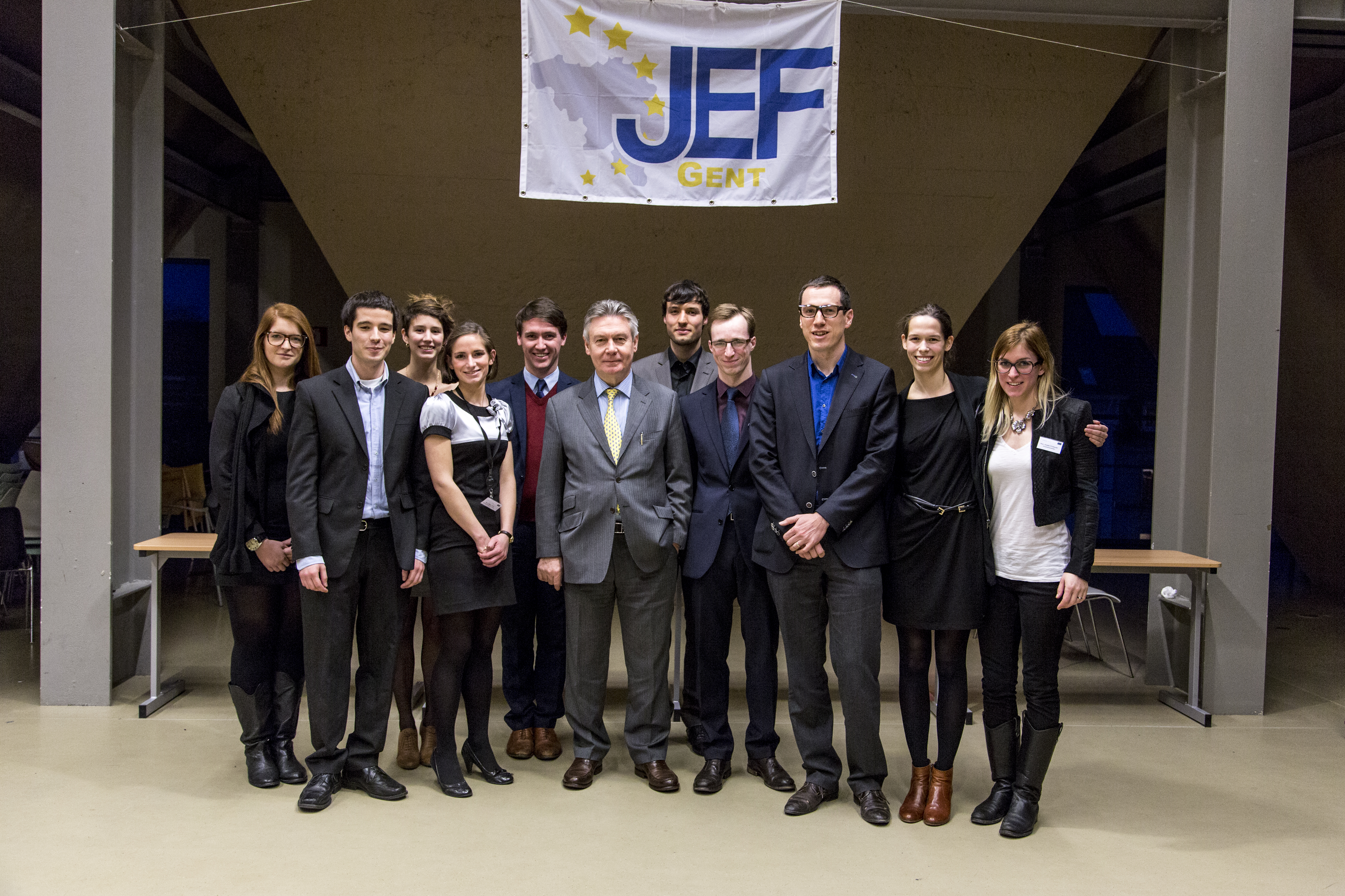 JEF Ghent board with guest speakers Karel De Gucht (center) and Pieter Verhelst (3rd from right)